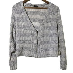 Sparkle & Fade V-Neck Striped Cardigan Zippered Sweater Grey and White XS